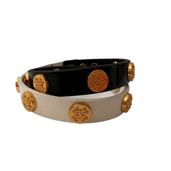 Rustic Cuff Meagan Genuine Leather Gold Studded Black White Wrap Bracelet - Picture 8 of 12